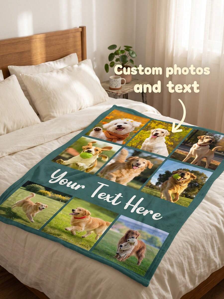 Custom Photo Text Throw Blanket, Personalized Picture Collage Fleece Blanket, Customized Pet Memory Photo Blanket For Sofa Bed Home Decor Gift - Multicolor - View 1
