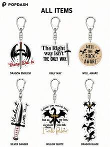 1/6Pcs Fourth Wing Novel Dragon Emblem Quote Acrylic Keychain Set, Dragon Rider Book Fan Bag Charm - Multicolor - View 4