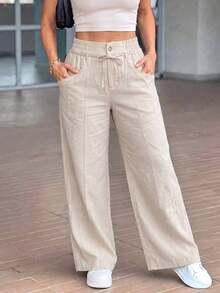 Women's Autumn Basic Drawstring Elastic Waist Wide Leg Pants, Suitable For Back To School, Church, Outings And Street Casual Bottoms - Apricot - View 10