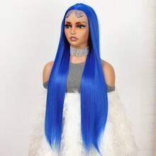 Blue Color 1pc Long Silky Straight 13*4 Lace Frontal Synthetic Wig For Women Preplucked Cosplay Daily Party Heat Resistant Fiber Front Wig Wedding Gifts - Multicolor - View 4