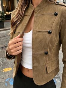 Women's Button-Up Short Jacket, Brown Stand Collar Vintage Style, French Chic - Brown - View 5