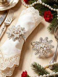 6/12pcs Christmas Pearl Snowflake Napkin Rings, Suitable For Christmas Restaurant Table Decoration, Christmas Napkin Rings, Suitable For Christmas Table Decor Napkin Rings, Christmas Napkin Holders, Christmas Party Napkin Rings - Multicolor - View 2