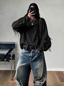 Women's Solid Color Crew Neck Long Sleeve T-Shirt, Casual Autumn Regular Fit Top - Black - View 4