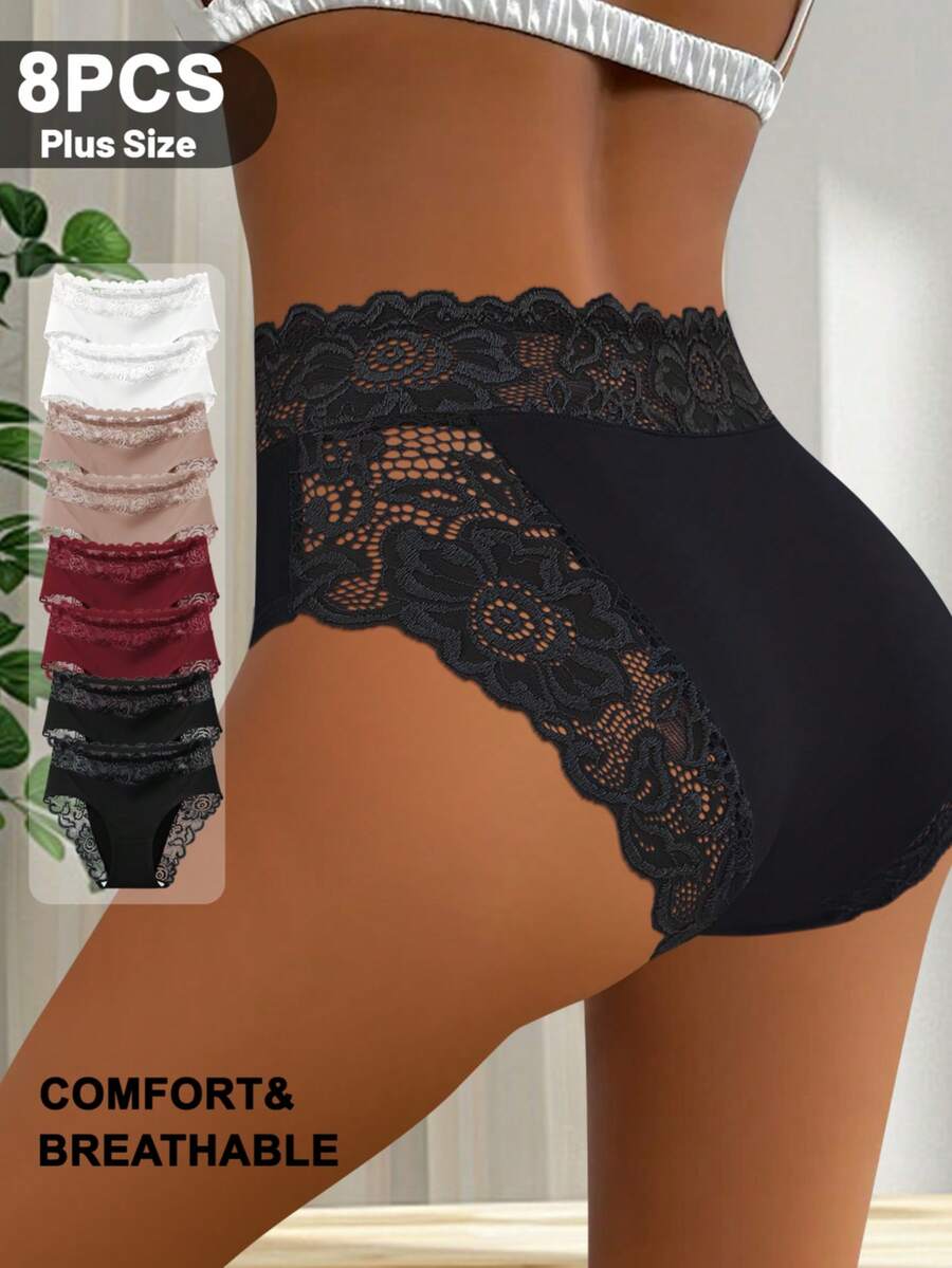 QUASTI 8pcs Women's Plus-Size Mid-Rise Lace Panties: Elegant Wavy Edges, Comfortable Everyday Wear, Suitable For All Seasons - Multicolor - View 1