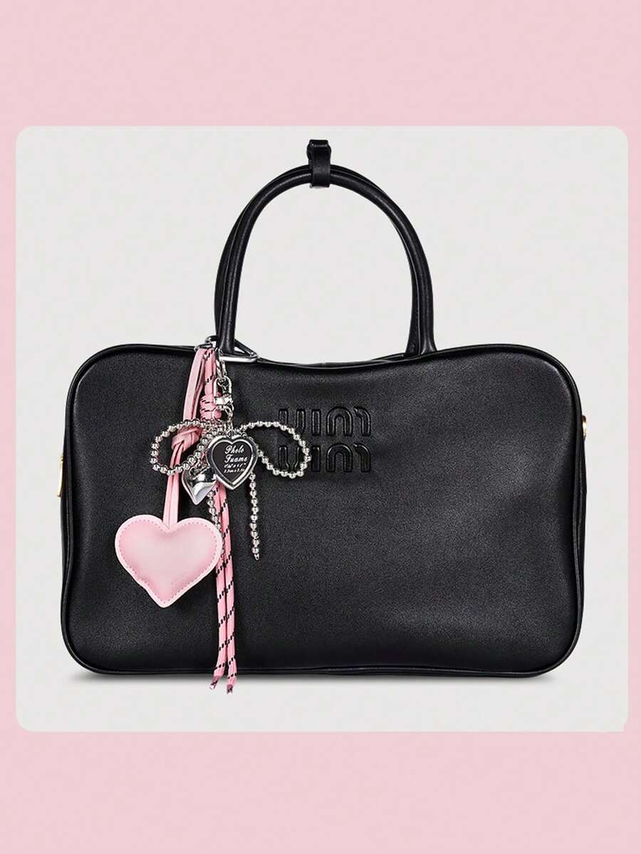 1pc Handmade Woven Bow Heart Bag Charm, PU Heart Keychain Phone Pendant Accessory - Multicolor - View 1
