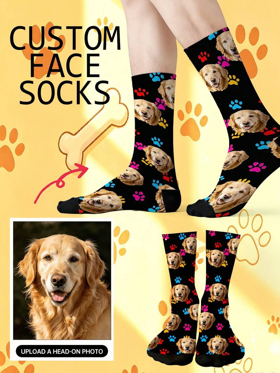 1 Pair Of Custom Socks,Custom Face Socks,Pattern Personalized Photo Socks, Put Any Face On The Socks, Best Gift For Friend Funny Socks,Cute,Pat,Dog - Multicolor - View 1