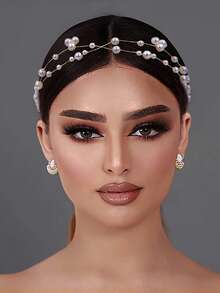 قطعة واحدة من عصابة رأس نسائية بسيطة مصنوعة يدويًا بطبقتين من اللؤلؤ لحفلات الزفاف والحفلات والتصوير الفوتوغرافي - الذهبي - مشاهدة 8