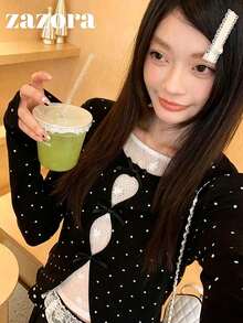Black & White Polka Dot 2 In 1 Long Sleeve T-Shirt, Slim Fit Inner Layer With Lace Patchwork Design Top - Black and White - View 4