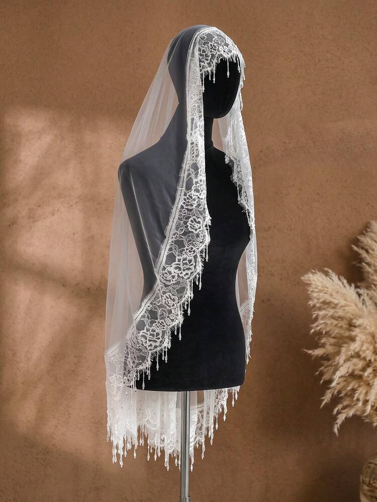 Crystal Tassel Edge Wedding Veil Without Comb Lace Bridal Veil - Off White - View 8