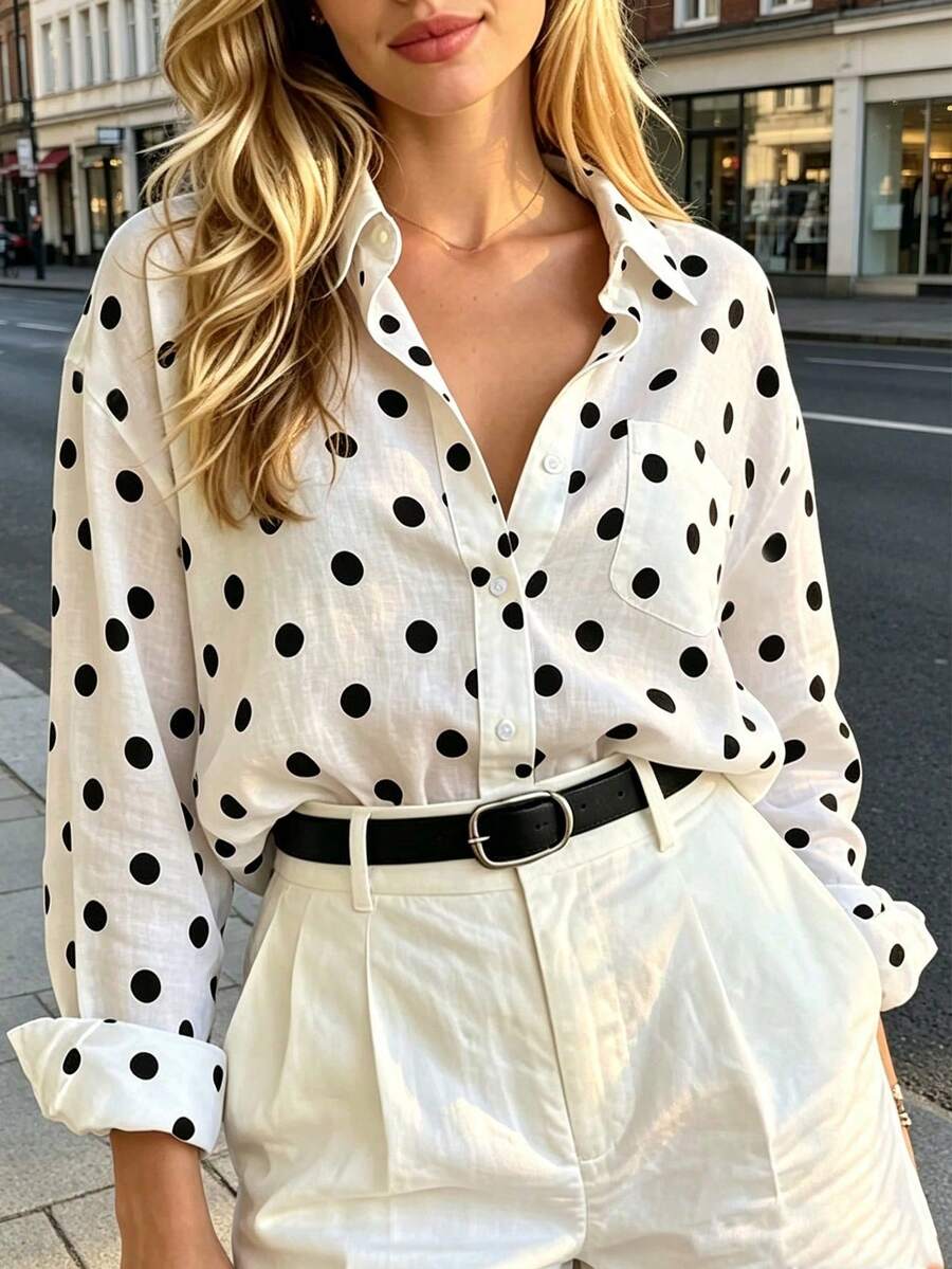 Women's Loose Casual Polka Dot Print Long Sleeve Shirt For Spring/Summer, Suitable For Evening Dates, Holidays, Office, Home, Daily Wear, Birthday Parties, Travel, Brunch, Country Concerts, Airport Outfits, Sports And Fitness - Multicolor - View 1