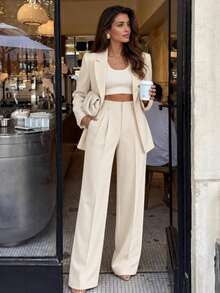 Women's Straight Leg Pleated Knit Pants With Button And Zipper Details, Suitable For Spring And Autumn Outfits - Apricot - View 1