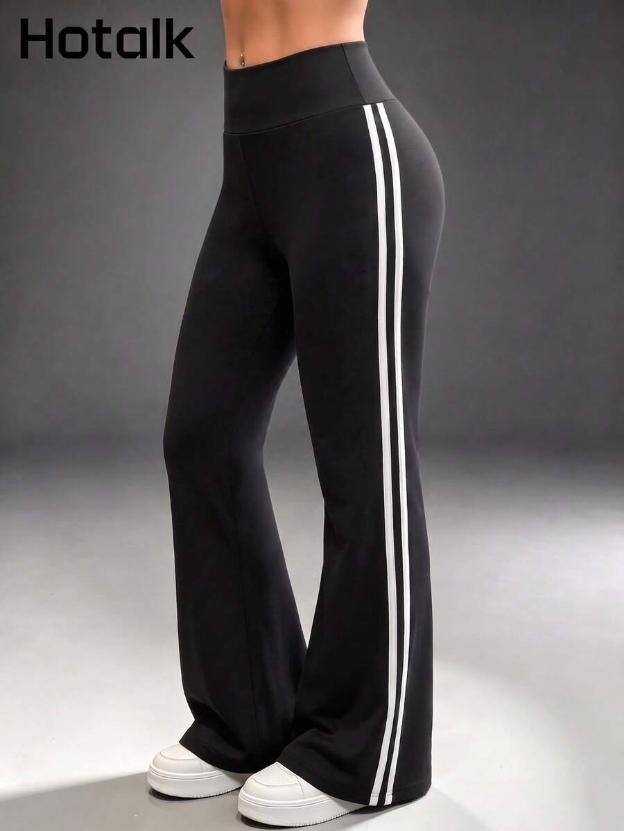 Hotalk Retro 2 White Side Stripes High Waisted Flare Leggings, Tummy Control Sport Bootcut Yoga Pants - Black - View 1