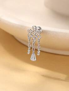 EleRunis 1pc 925 Sterling Silver Traditional Chinese Knot Tassel Pendant Stud Earrings, Hypoallergenic Dangle Earrings, Holiday Birthday Gift - Silver - View 2