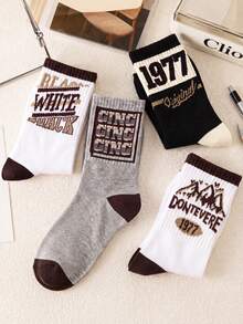 4/8 Pairs Unisex Fashion Contrast Color Series Letter Mid-Calf Socks, Minimalist Striped Comfortable Versatile Preppy Style For Daily Wear, Home, Gift - Multicolor - View 3