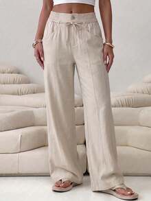 Women's Autumn Basic Drawstring Elastic Waist Wide Leg Pants, Suitable For Back To School, Church, Outings And Street Casual Bottoms - Apricot - View 8