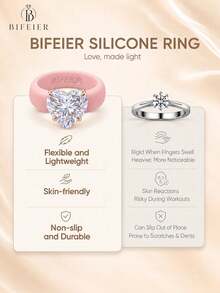 BIFEIER 時尚耐褪色低過敏矽膠女款戒指，粉色戒圈搭配白色優雅心形切割鋯石，適合女性，完美適用於婚禮、週年紀念、日常穿戴、運動與瑜伽，理想的情人節禮物，金屬戒指的最佳替代方案 - 白色鋯石 - 查看 5