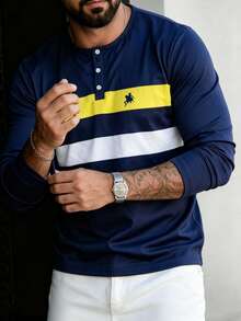 Men's Business Vintage Patchwork Striped Print Half-Button Long Sleeve T-Shirt - Multicolor - View 3