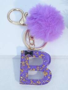 Minimalist Cute Initial Keychain A-Z Women's Bag Charm Black Bow Purple Pom Pom Key Chain Daily Wear Gift Accessory - Purple - View 17