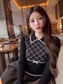 秋冬韓系甜美休閒風女款菱格紋蝴蝶結針織毛衣，翻領撞色學院風上衣，青春顯瘦長袖保暖內搭衫，初秋新品 - 黑色 - 查看 3