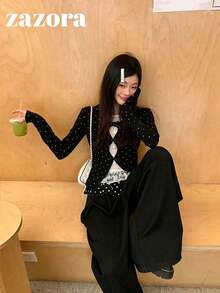 Black & White Polka Dot 2 In 1 Long Sleeve T-Shirt, Slim Fit Inner Layer With Lace Patchwork Design Top - Black and White - View 8