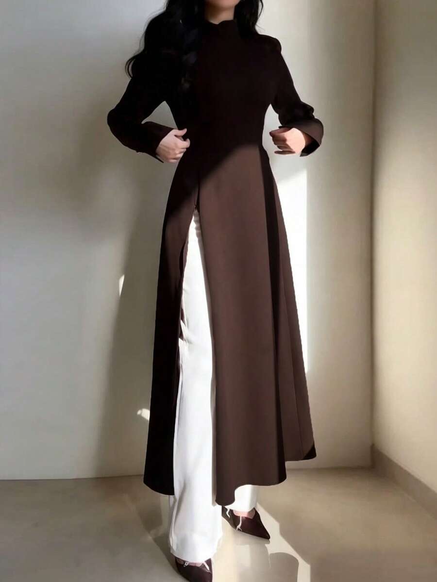 Women's Elegant Casual Stand Collar Long Sleeve Minimalist Slit Long Robe/Dress 2-In-1 (Zipper Adjustable Slit) Solid Color Back Tie Zipper For Daily Wear And Dating