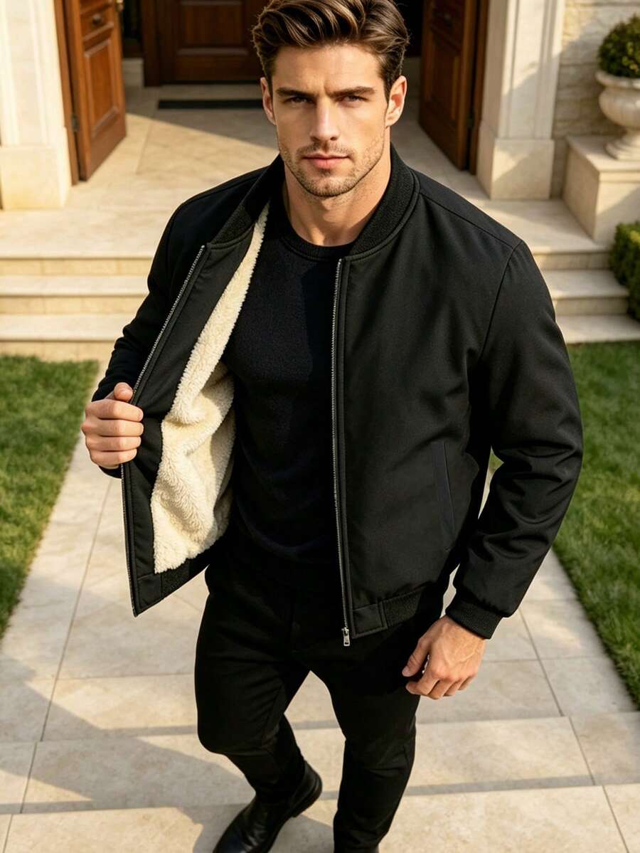 Men's Solid Color Zip-Front Lined Jacket, Smart Casual - Black - View 1