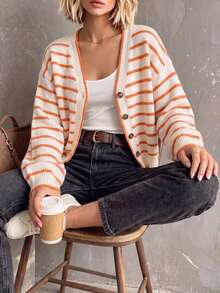 Women's Autumn/Winter Striped Knit Cardigan, V-Neck Loose Slouchy Orange & White Color Block Single-Breasted Sweater Jacket - White - View 3