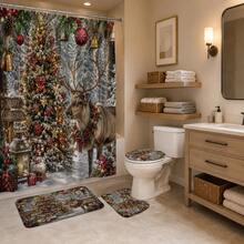1pc/4pcs Forest Snow Scene Deer Pattern Multi-Functional Bathroom Decor Shower Curtain Set, Free 12 Hooks, Premium Holiday Atmosphere, Bathroom Mat, U-Shaped Floor Mat And Round Toilet Lid Cover, Suitable For All Occasions, Bathroom Set - Forest Snow Reindeer - View 4