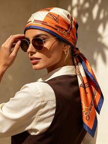 1pc Vintage Equestrian Leather Strap Chain Print Satin Square Scarf, Multi-Functional Retro Headscarf, Scarf, Bag Decoration Accessory, Suitable For Women - Multicolor - View 2