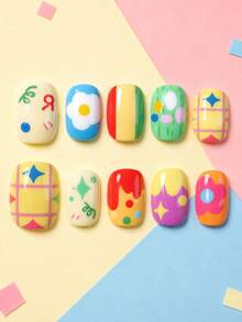 24pcs Y2K Style (Stars, Fried Eggs, Little Rabbits, Flowers, Melting Candy) Dopamine Element Design, Children Girls Press-On Short Fake Nails, Pre-Glued Full Coverage Acrylic Nail Tips Set, Suitable For Kids Girls Nail Decoration - Multicolor - View 2