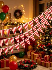 1/2/4pcs Red & White Striped Triangle Bunting Flags, Christmas Hanging Banner, Holiday Home Window Storefront Decoration, Carnival Birthday Party Supplies - Red and White Striped Bunting - View 1