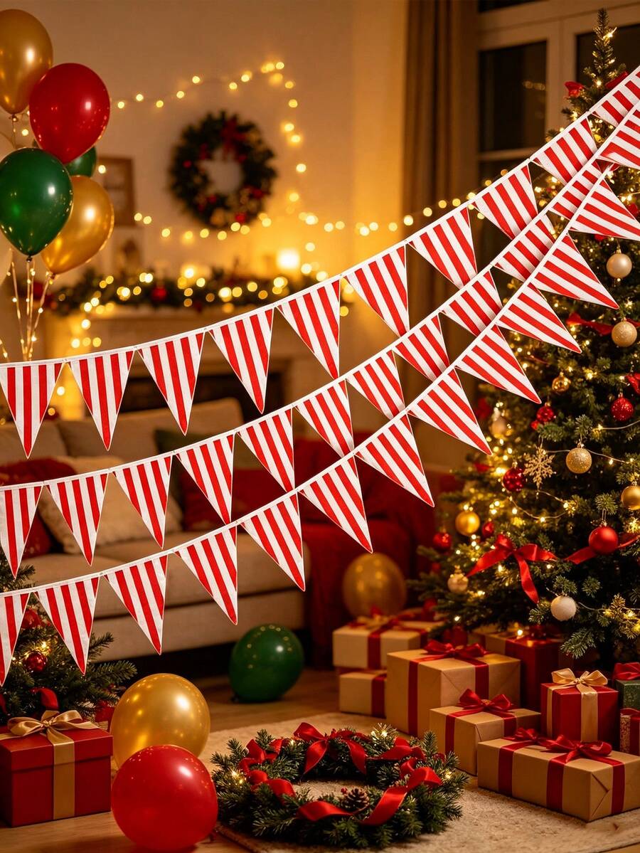 1/2/4pcs Red & White Striped Triangle Bunting Flags, Christmas Hanging Banner, Holiday Home Window Storefront Decoration, Carnival Birthday Party Supplies - Red and White Striped Bunting - View 1