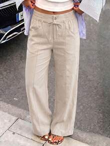 Women's Autumn Basic Drawstring Elastic Waist Wide Leg Pants, Suitable For Back To School, Church, Outings And Street Casual Bottoms - Apricot - View 11