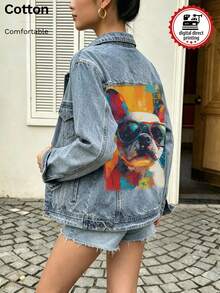 Women's Denim Jacket, Skull Graphic White Ink Direct-To-Garment Print, Vintage Washed Loose Fit Denim Jacket - Light Denim Blue 2 - View 6