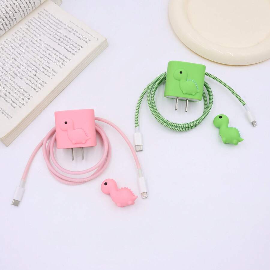 4件組適用於Apple 20W插頭保護套，線材收納器，線材纏繞帶，純色極簡設計，不含數據線與充電器 - 綠色恐龍 - 查看 1