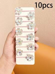 10 buah Ikat Rambut Elastis Tinggi Motif Bunga Rhinestone 3D untuk Anak Perempuan, Aksesori Rambut Sehari-hari, Sekolah, dan Kasual yang Lucu dan Serbaguna untuk Anak Perempuan Kecil - Putih - View 7
