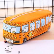 1pc Kids Cute Bus Canvas Pencil Case,With 2Pcs Random Mechanical Pencils,High Capacity Cartoon Car Pouch,School Stationery Storage Bag,Back To School - Multicolor - View 6