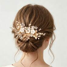 Bridal Wedding Hair Accessory White Soft Ceramic Flower Handmade Crystal Beaded Hair Comb Side Comb Hair Ornament - Gold - View 8