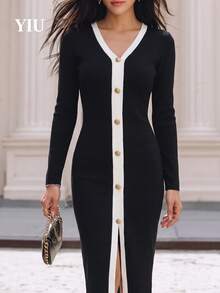 YIU LUMOS Women's Black Ribbed Knit Midi Dress, Deep V-Neck With Gold Button Trim, 3/4 Sleeve Slim Fit With Side Slit, Sexy Commuter Style For Date And Party, Autumn/Winter - Black - View 8