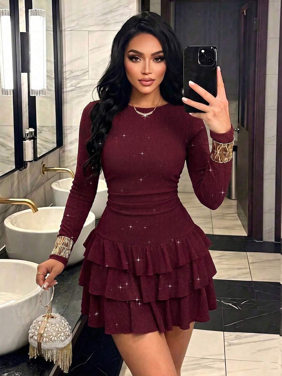 AIJ Fashionable Autumn Women's Short Burgundy Dress, Long Sleeve Ribbed Knit Fitted Hem Skirt, Layered Hem, Suitable For Dates And Events - Burgundy - View 1