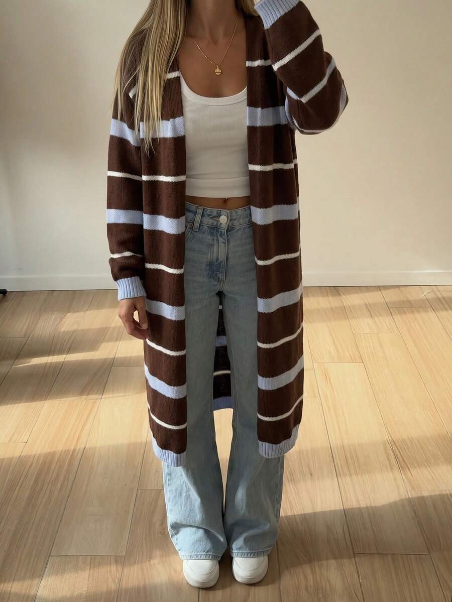 Women's Autumn/Winter Casual Y2K Outing Top Brown V-Neck Multi-Color Striped Long Knit Cardigan