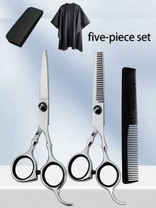 5pcs Hair Cutting Scissors Set, Straight Scissors + Thinning Scissors + Hair Cloth + Comb + Bag, Professional Hairdresser Scissors Set, Straight Scissors Thinning Scissors Seamless Cutting, Stainless Steel Material, For Self Hair Cutting - Multicolor - View 1