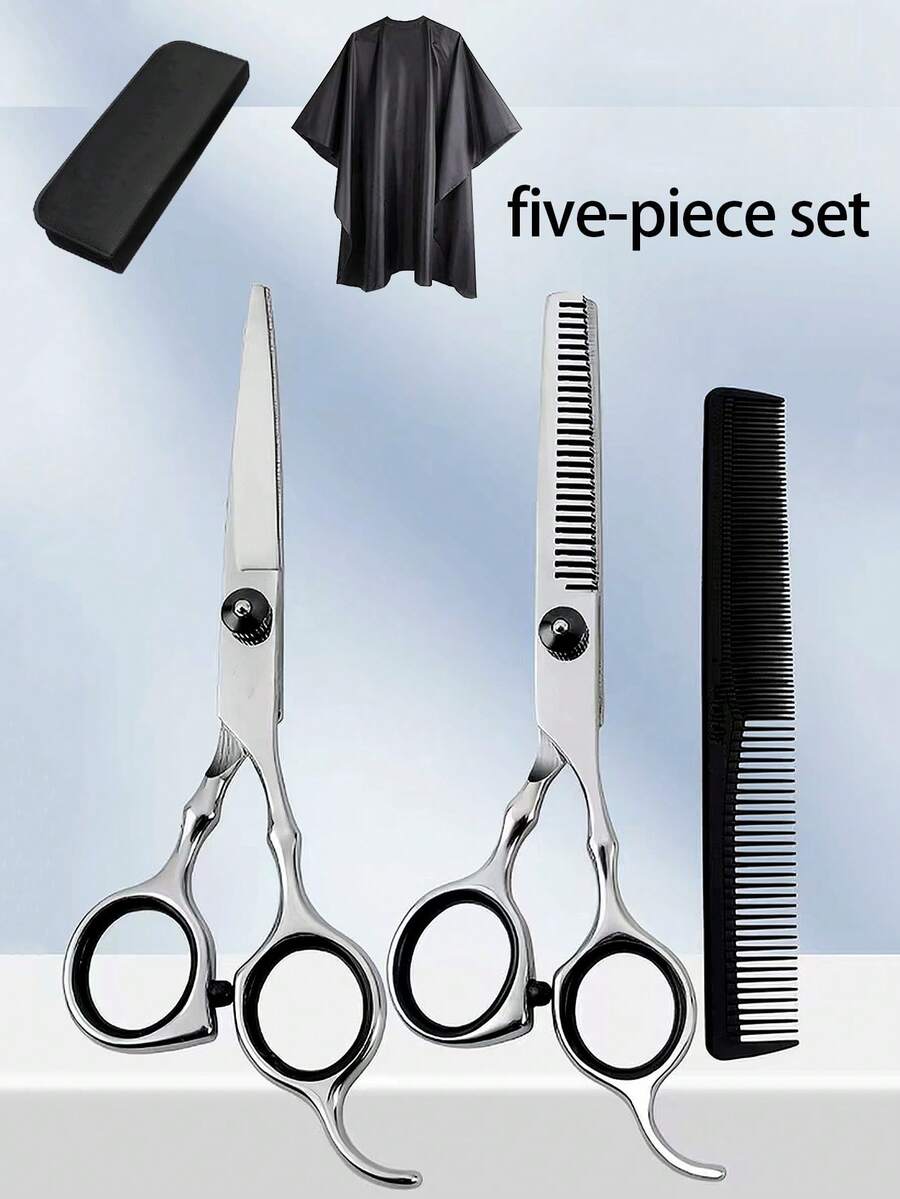 5pcs Hair Cutting Scissors Set, Straight Scissors + Thinning Scissors + Hair Cloth + Comb + Bag, Professional Hairdresser Scissors Set, Straight Scissors Thinning Scissors Seamless Cutting, Stainless Steel Material, For Self Hair Cutting - Multicolor - View 1