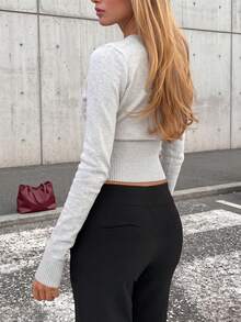 Fashion Women's V-Neck Fitted Short Wrap Ribbed Knit Sweater, Long Sleeve Pullover, Button Detail Design, Suitable For Spring And Autumn Wear. Fall - Light Grey - View 5