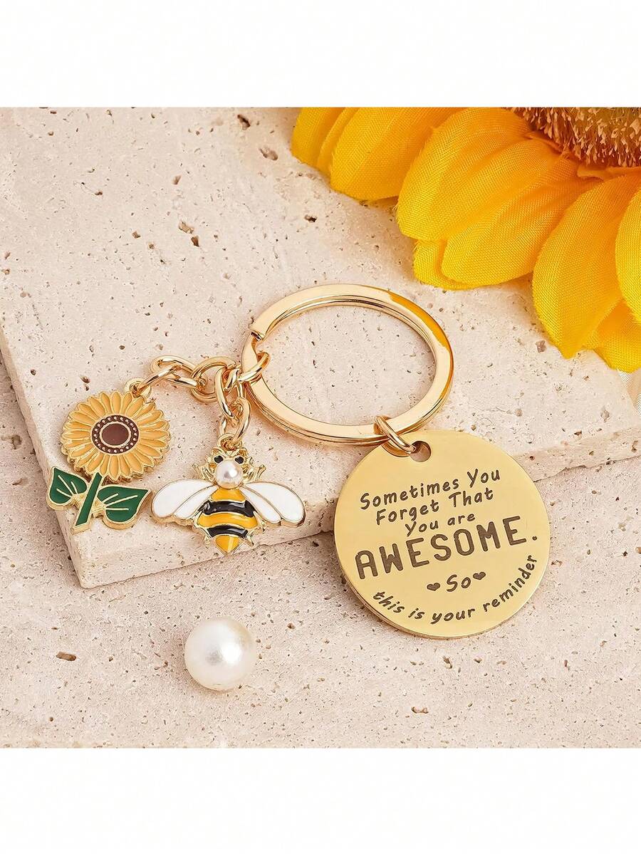 Sunflower Keychain Women's Inspirational Gift - Inspirational Key Ring Friendship Keychain Gift, Yellow Sunflower Bee Keychain - Gold - View 1