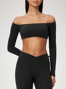 NcmRyu Women's 1pc Solid Color Off-Shoulder Long Sleeve Cropped Top, Highlights Shoulder And Neckline, Fitness Wear - Black - View 6