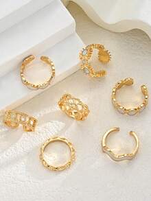 7pcs Fashion Ins Style Vintage Sun Heart Wave Geometric Oil Drop Ring Set, Stackable, Suitable For Women's Daily Commute, Party And Vacation Wear - White - View 4