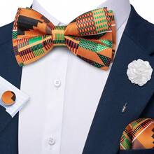 Set Dasi Kupu-kupu, Sapu Tangan Saku, dan Manset Kancing Boutonniere Pria Warna Oranye 4 Buah untuk Pernikahan dan Pesta Bisnis - Jeruk - View 2
