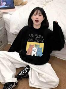 Korean Style Cute Cat Pattern Crew Neck Sweatshirt Women Autumn Oversize Drop Shoulder Simple Versatile Pullover - Black - View 5