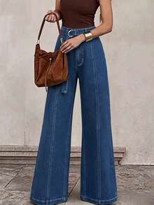 Vintage Blue Mid-Waist Flare Jeans With Vertical Stitching Detail And Detachable O-Ring Belt - Medium Wash - View 4